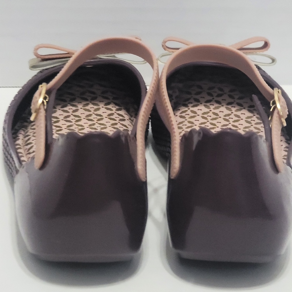 Zaxy Plum Colored Mary Jane Jelly Flats With Gold/light Pink Bows Sz7 - Picture 8 of 12